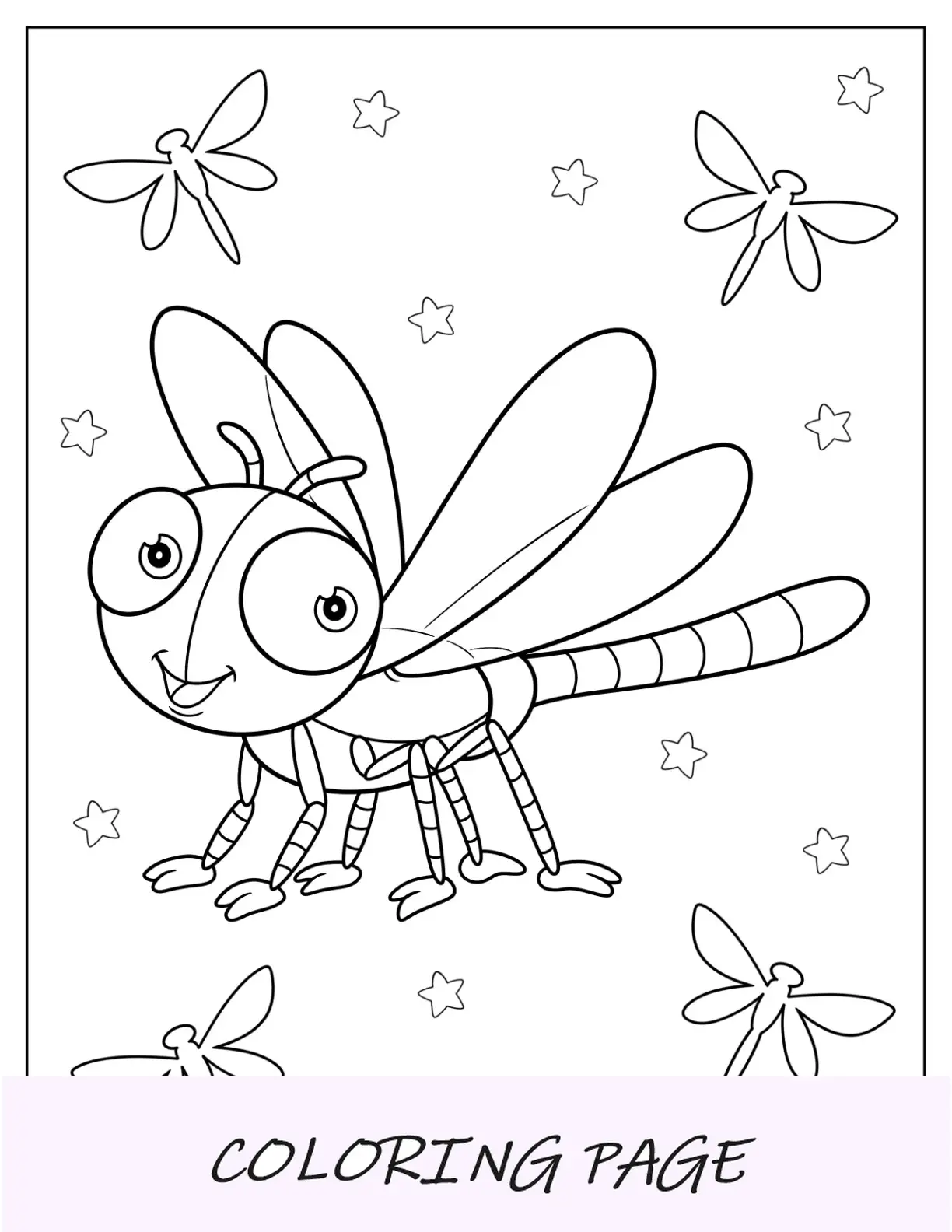 Pagina da colorare felice piccola libellula per bambini in età prescolare