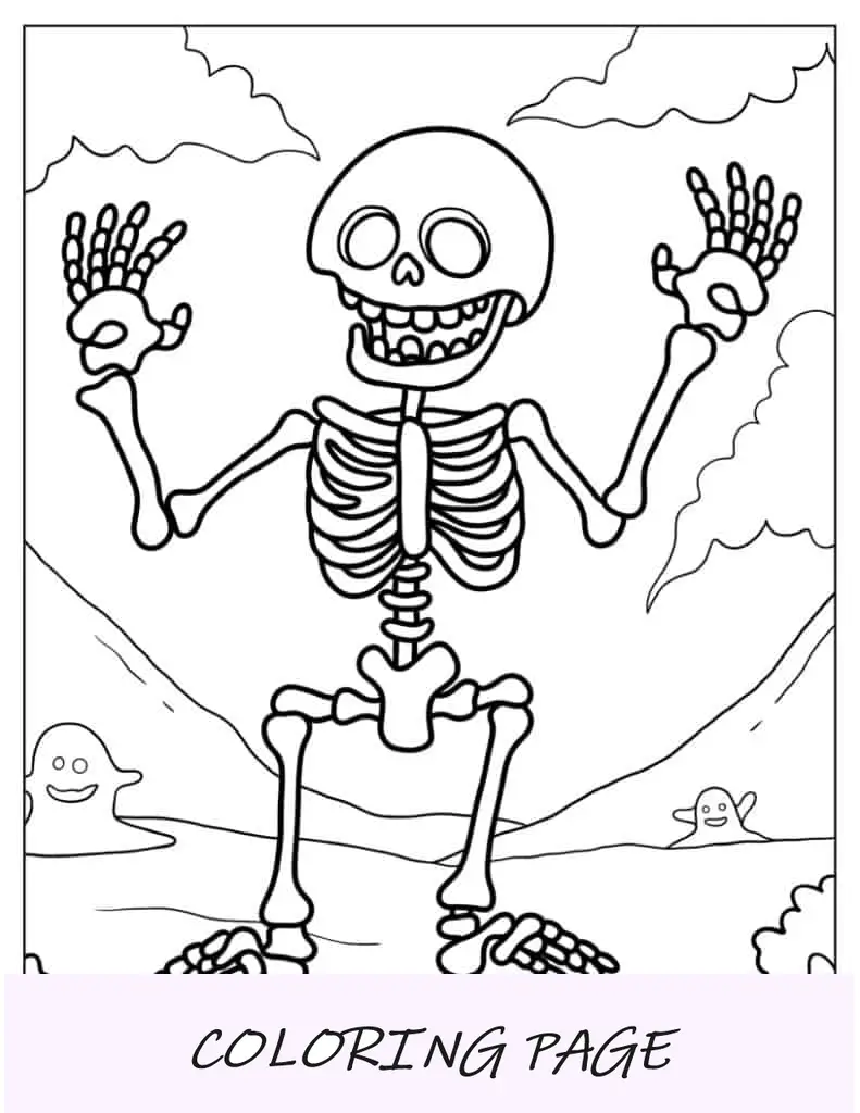 Folha para colorir de esqueleto de Halloween para crianças