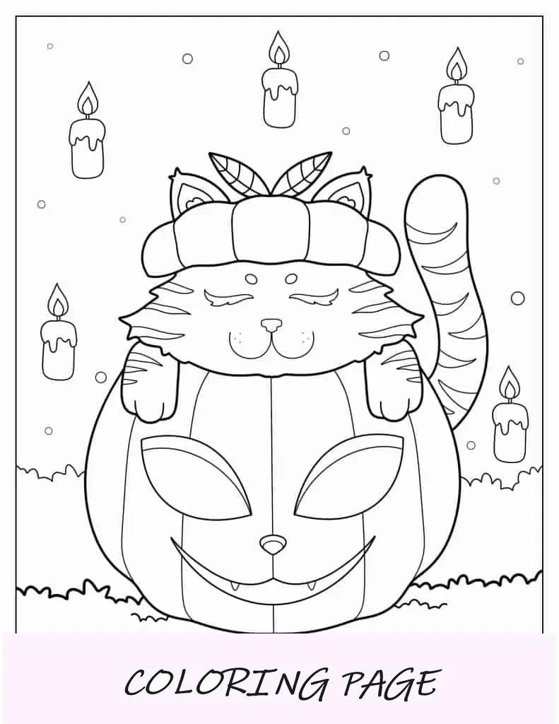 Folha para colorir de abóbora de Halloween com tema de gato
