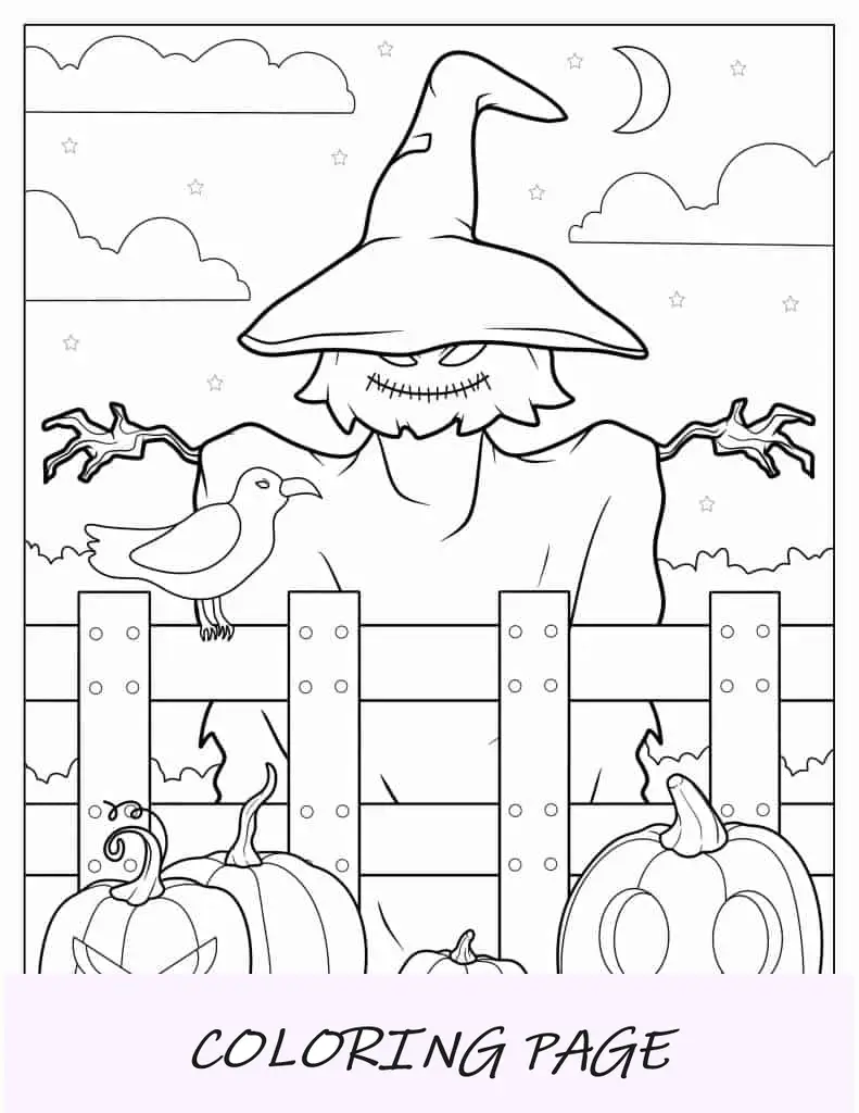Espantalho assustador com lanternas Jack O para colorir