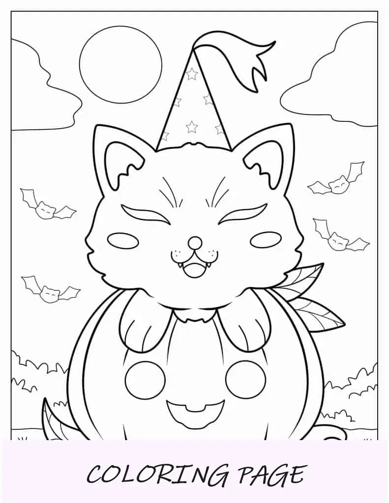 Gato fofo sentado em uma abóbora para colorir