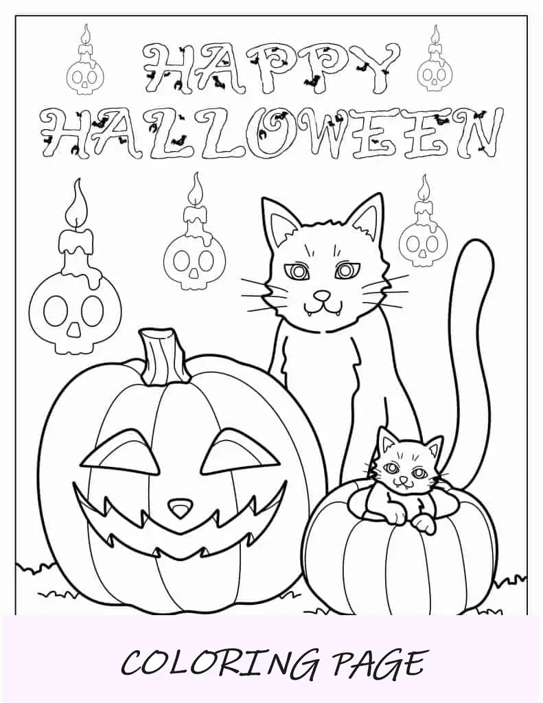 Abóbora e gatos fofos e felizes de Halloween para colorir