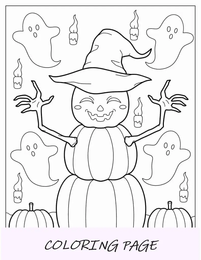 Espantalho de abóbora de Halloween com fantasmas para colorir