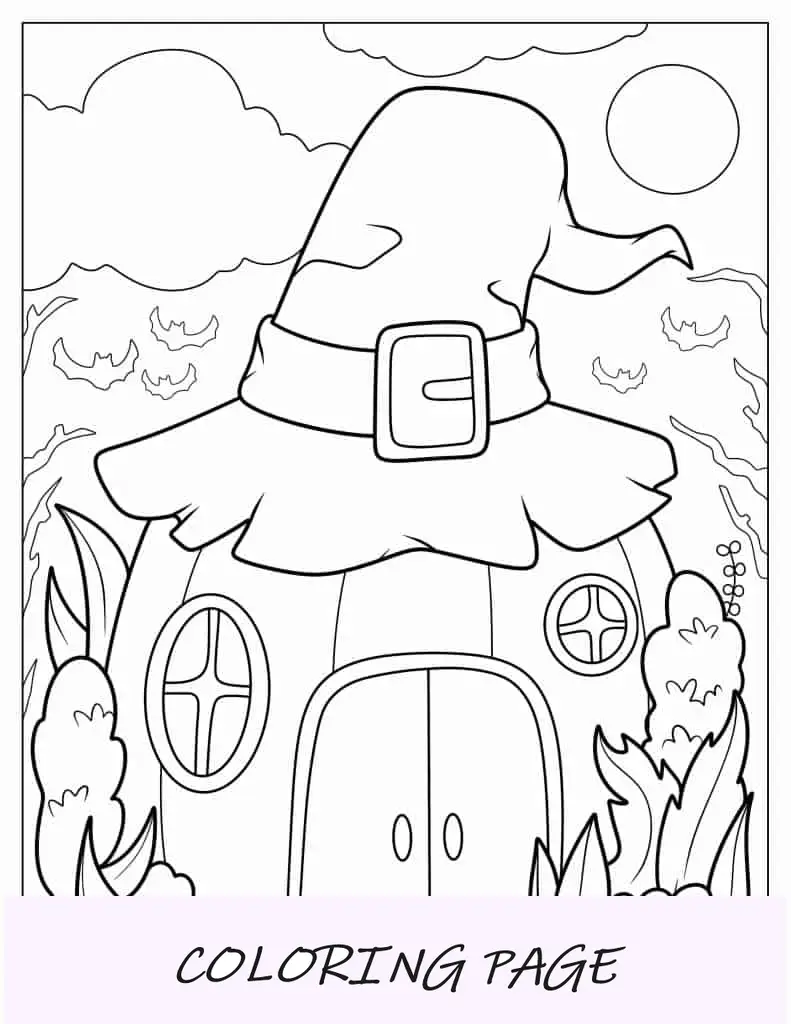 Casa de abóbora com chapéu de bruxa para colorir