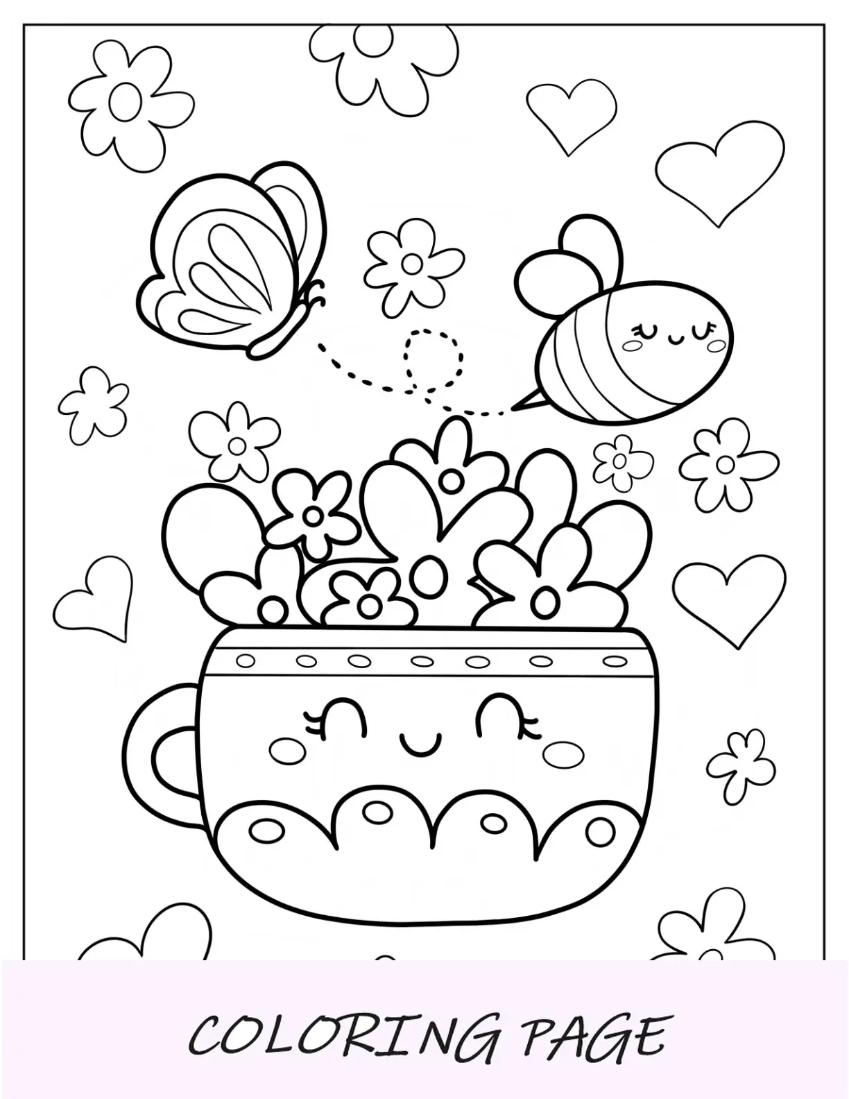 Pagina da colorare di primavera Vaso di fiori Kawaii con ape e farfalla per bambini