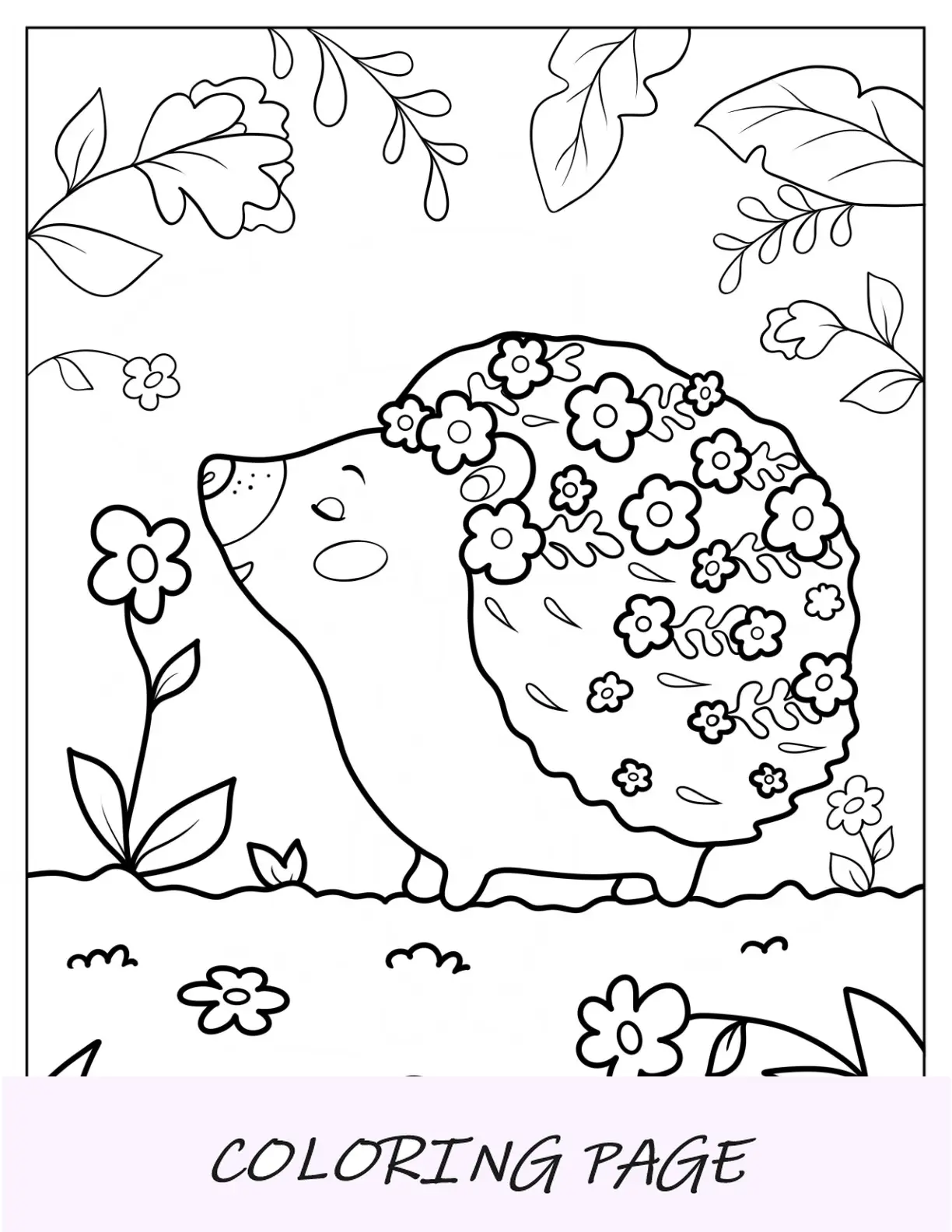 Pagina da colorare primaverile di riccio con fiori per bambini