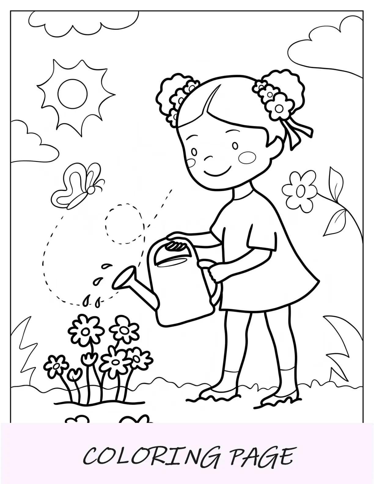 Ragazza carina che innaffia i fiori primaverili da colorare per bambini in età prescolare