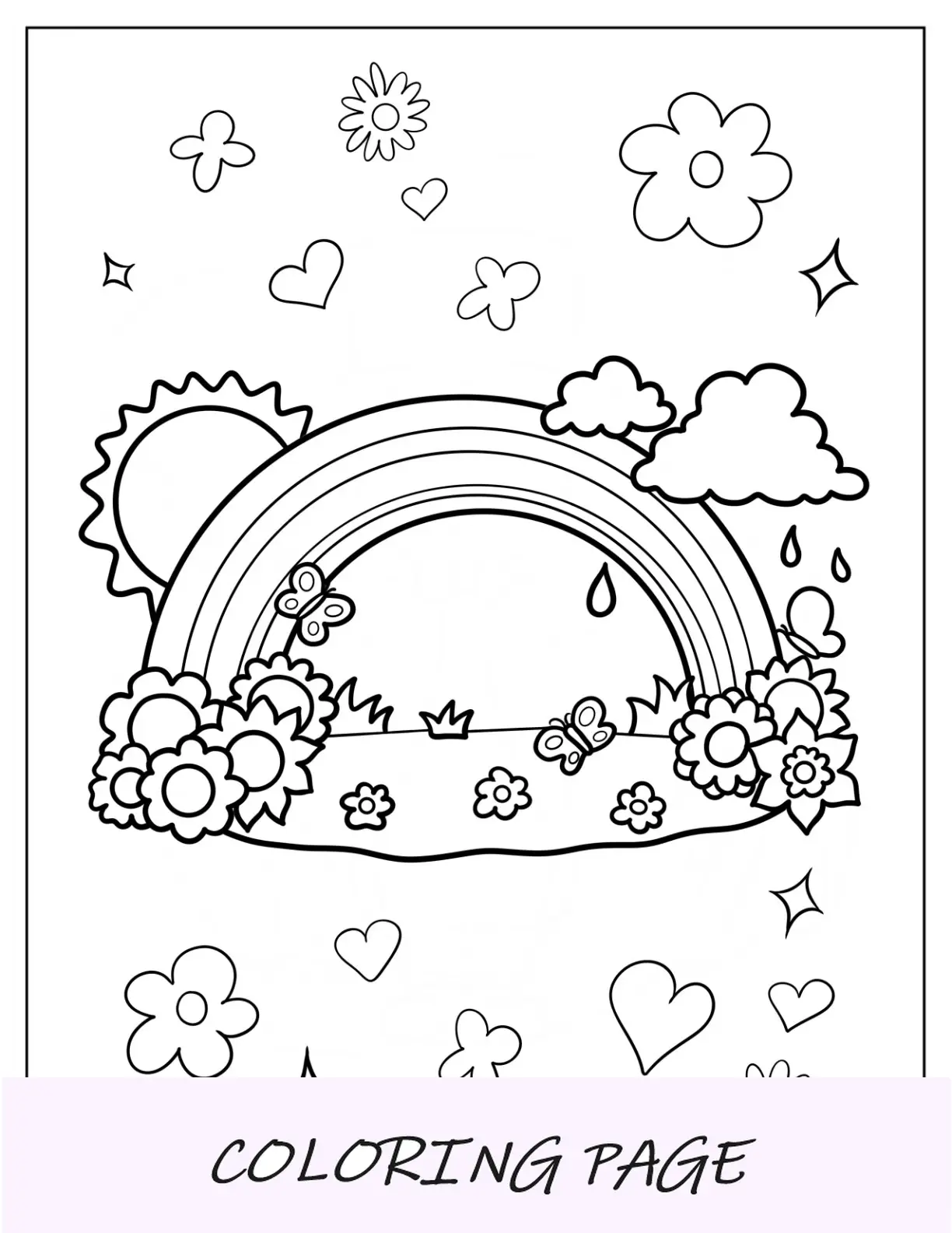 Pagina da colorare primaverile Sole, arcobaleno e campo di fiori per bambini in età prescolare