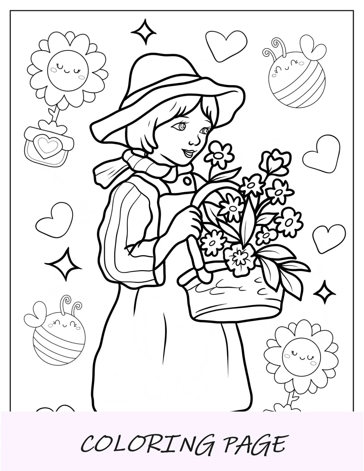 Bambina realistica che tiene il cesto di fiori primaverili da colorare