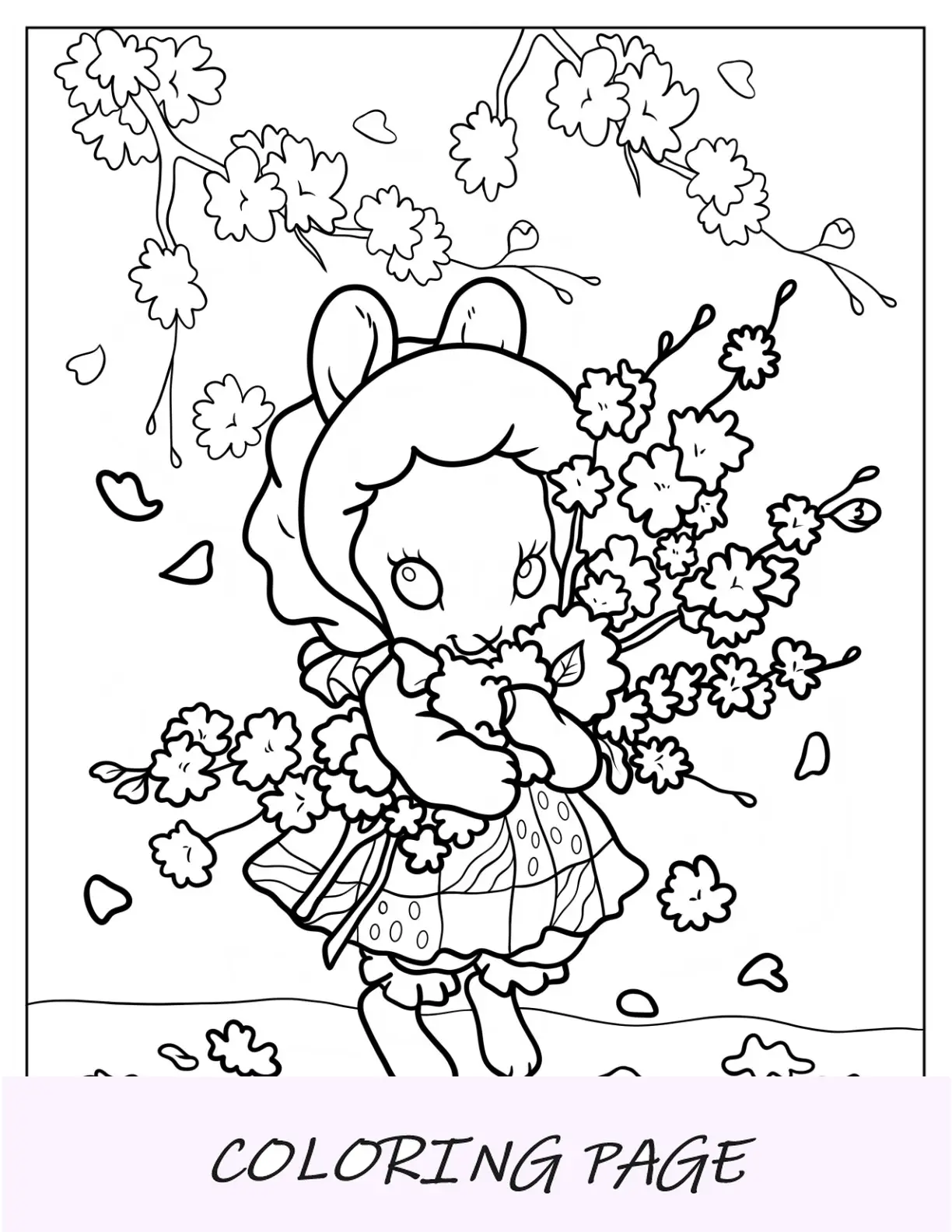 Coniglio Kawaii che tiene i fiori in primavera da colorare per bambini