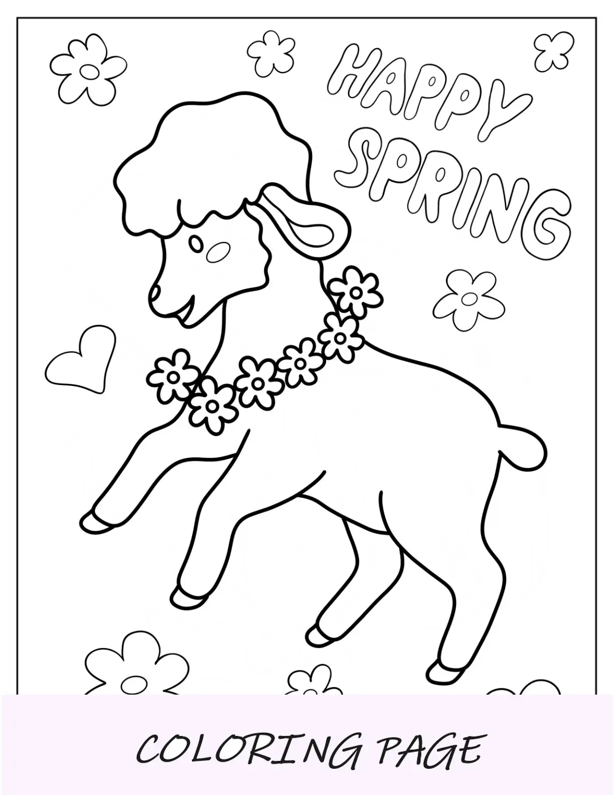 Pagina da colorare facile di pecora con collana di fiori primaverile