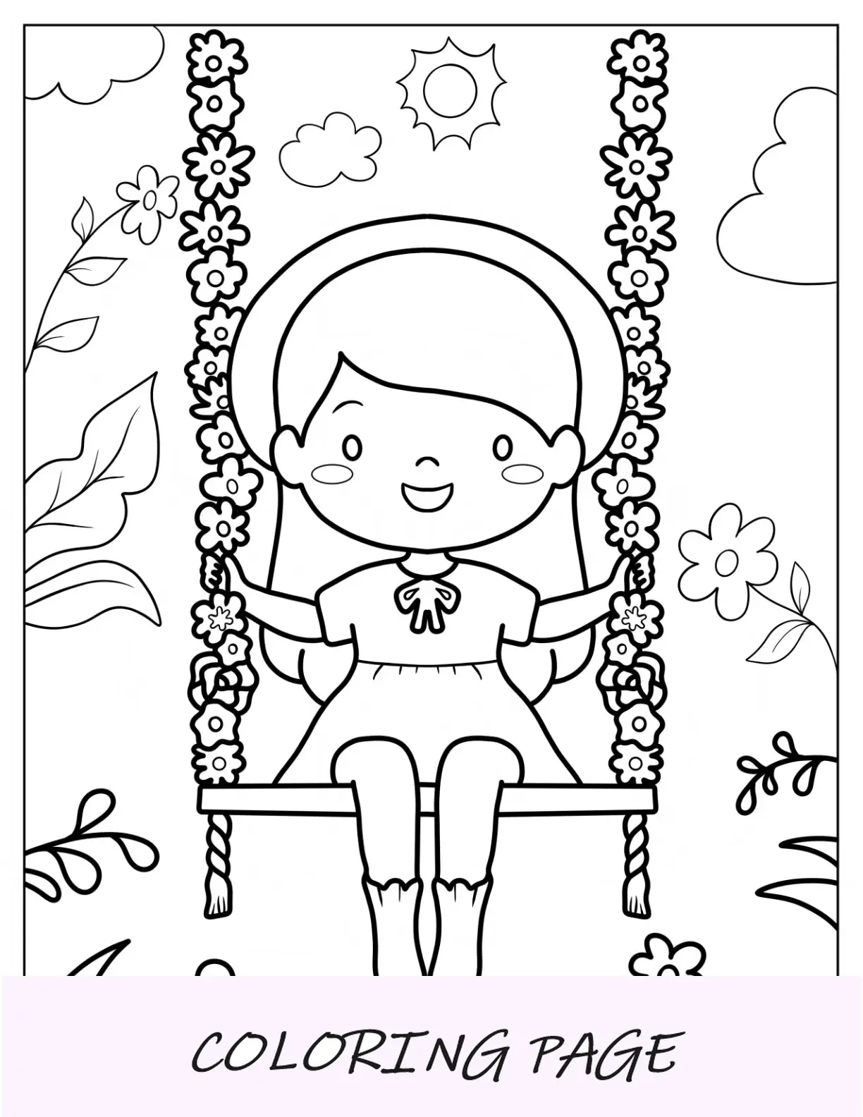Ragazza Kawaii sull'altalena floreale in primavera da colorare Pagina da colorare per bambini