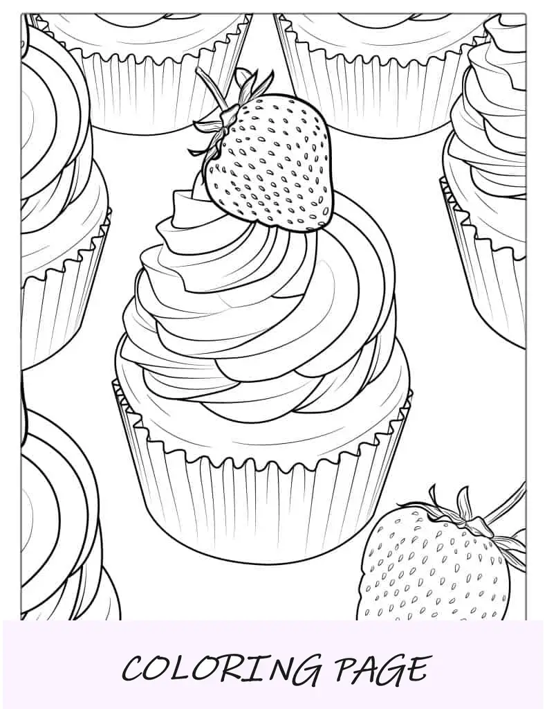 Hoja para colorear de cupcake de fresa