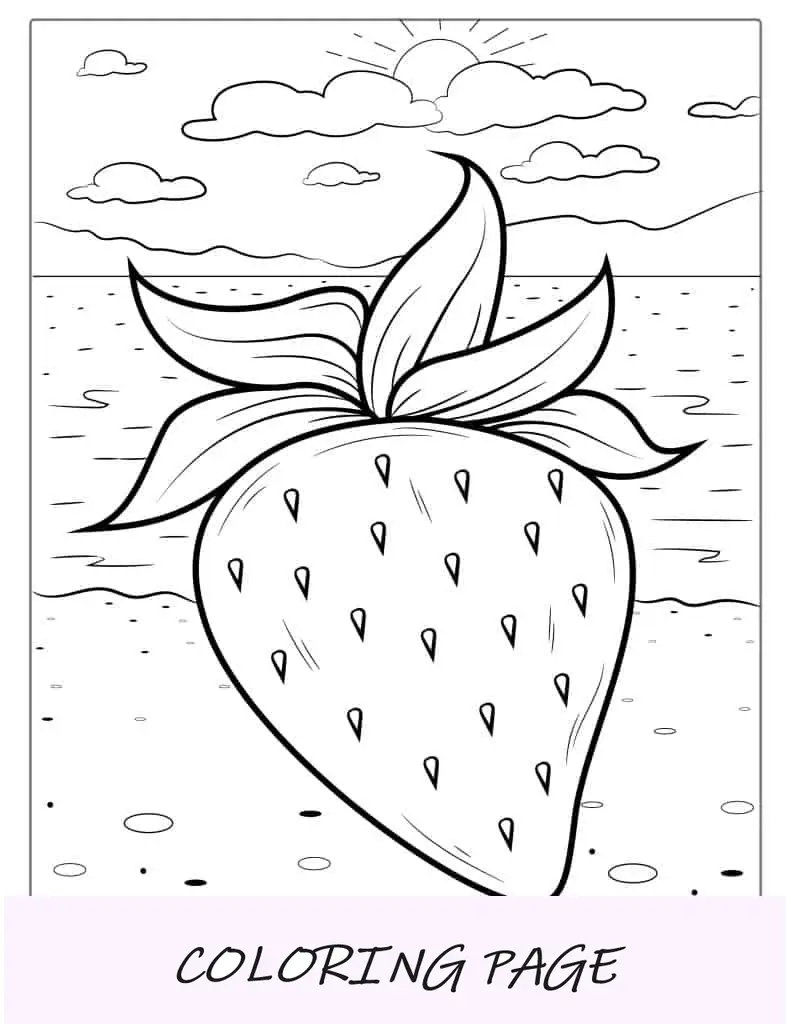 Página para colorear de fresa jugosa en la playa