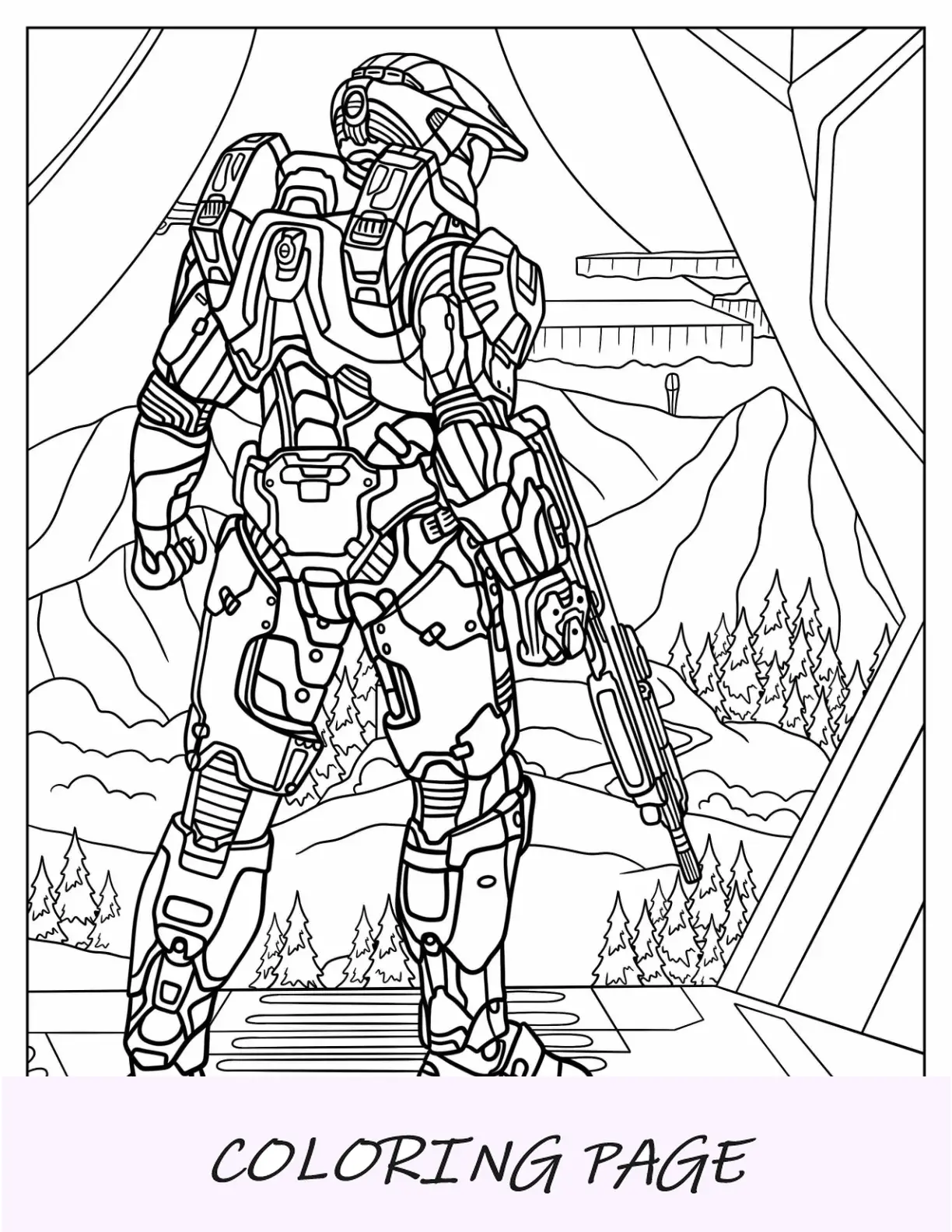 Página para colorear de Halo del jefe maestro mirando hacia abajo desde el dirigible