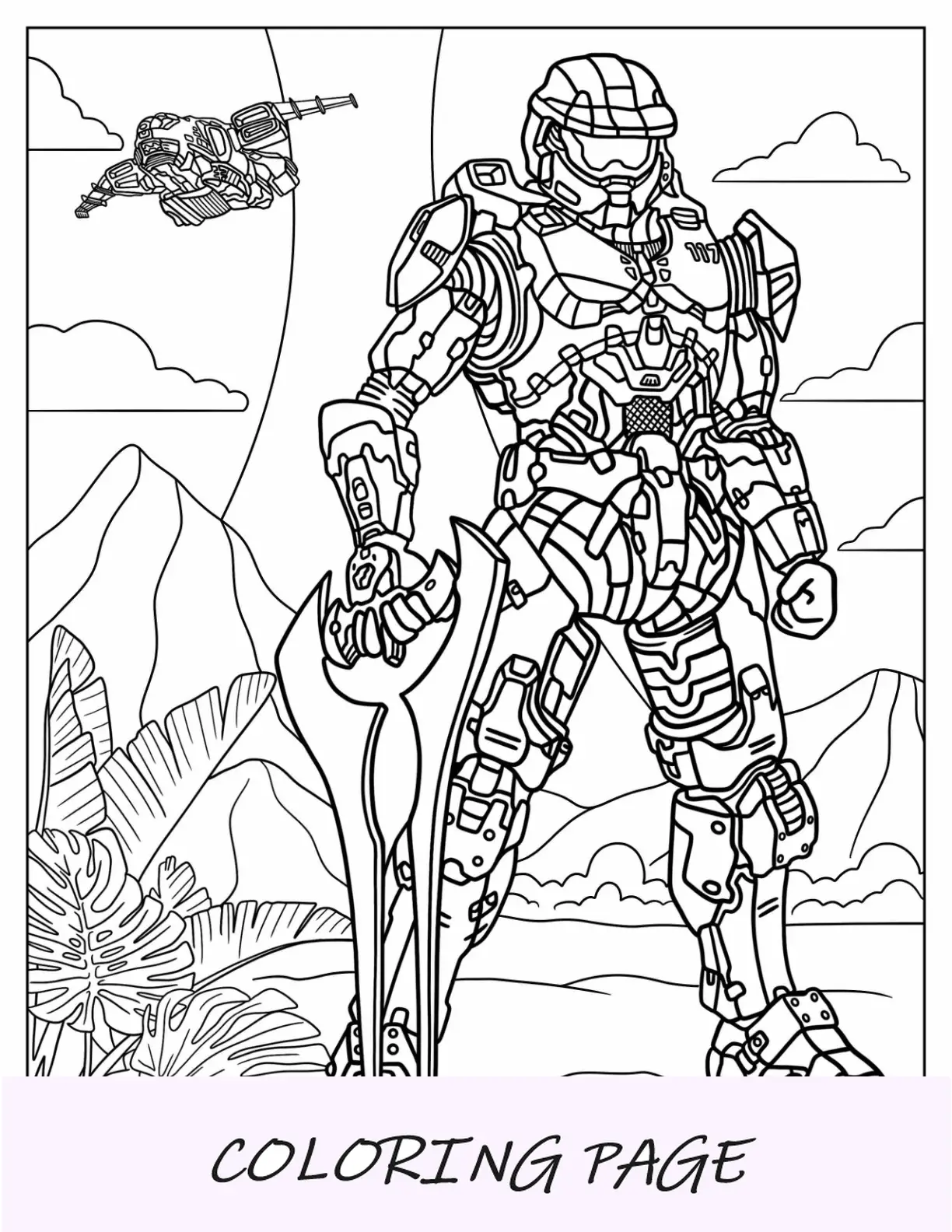 Página para colorear de Halo del jefe maestro John 117 sosteniendo una espada de energía