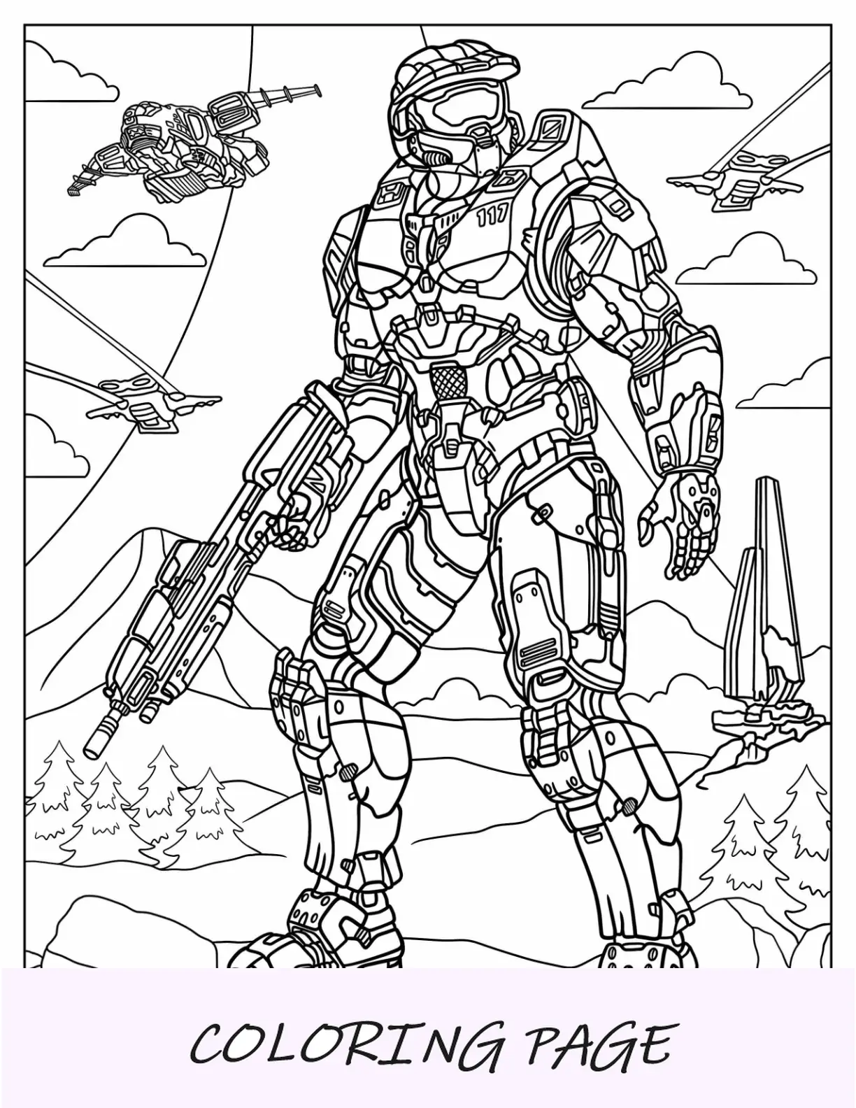 Página para colorear de Halo del jefe maestro en el campo de batalla con aeronaves en el cielo