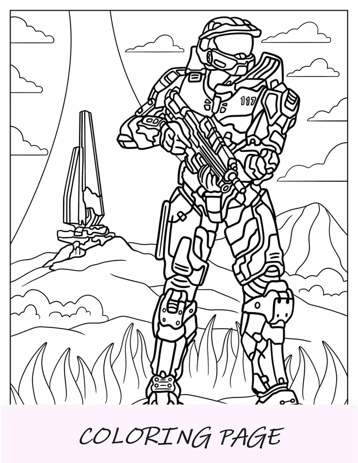 Página para colorear de Halo del jefe maestro en el campo de batalla