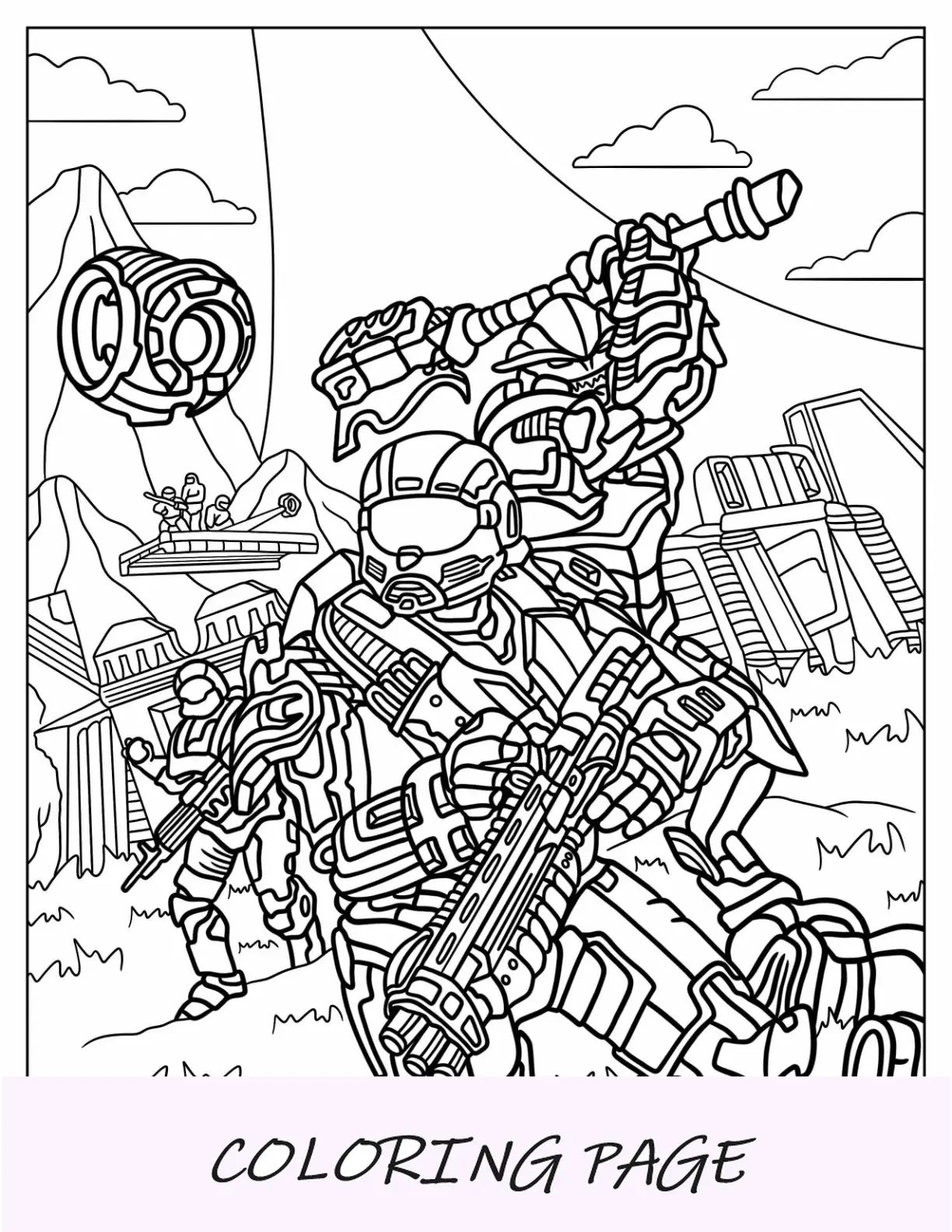 Página para colorear de Halo de Infinite Forge Master Chief John 117 en batalla