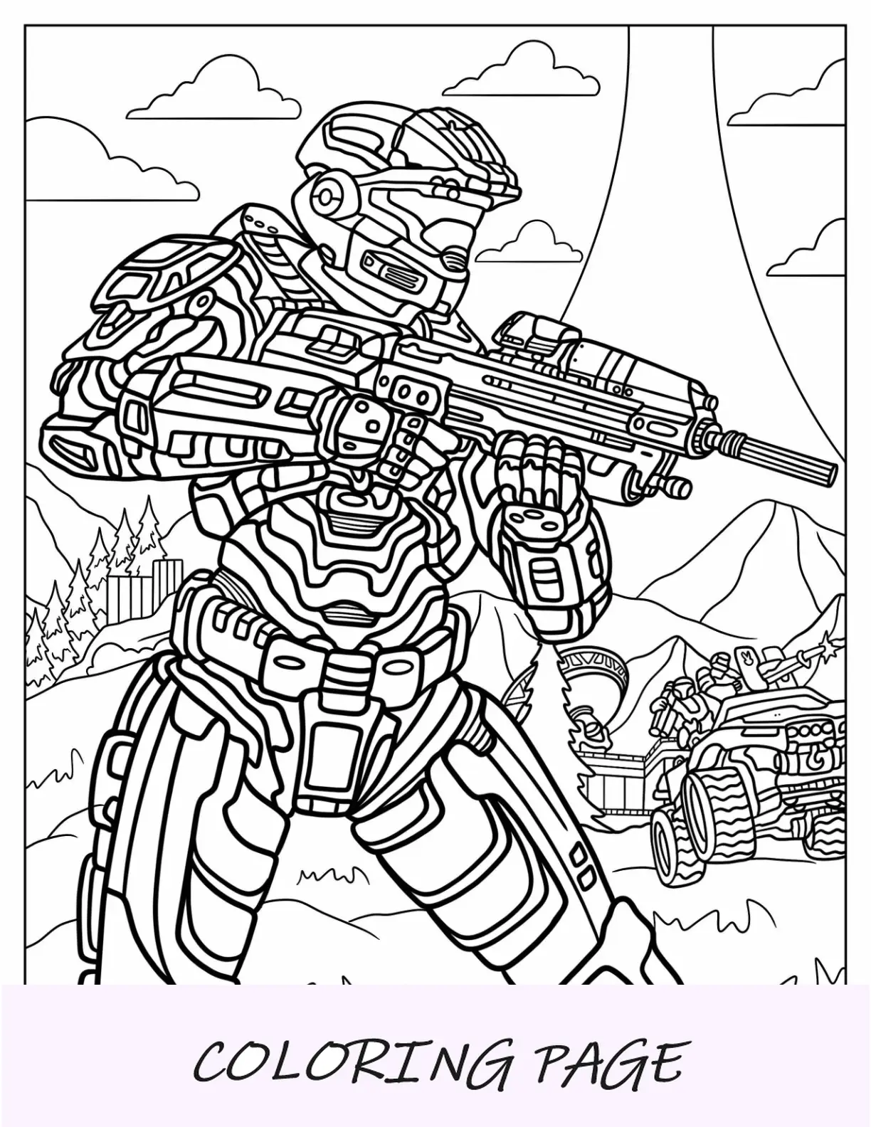 Página detallada de Halo para colorear de Spartan sosteniendo una pistola