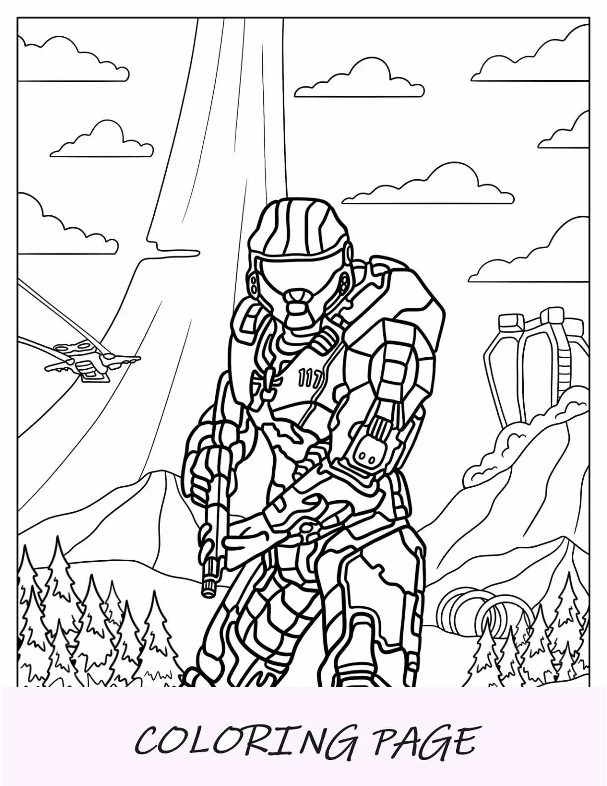 Página fácil para colorear de Halo del jefe maestro con dirigible en el cielo