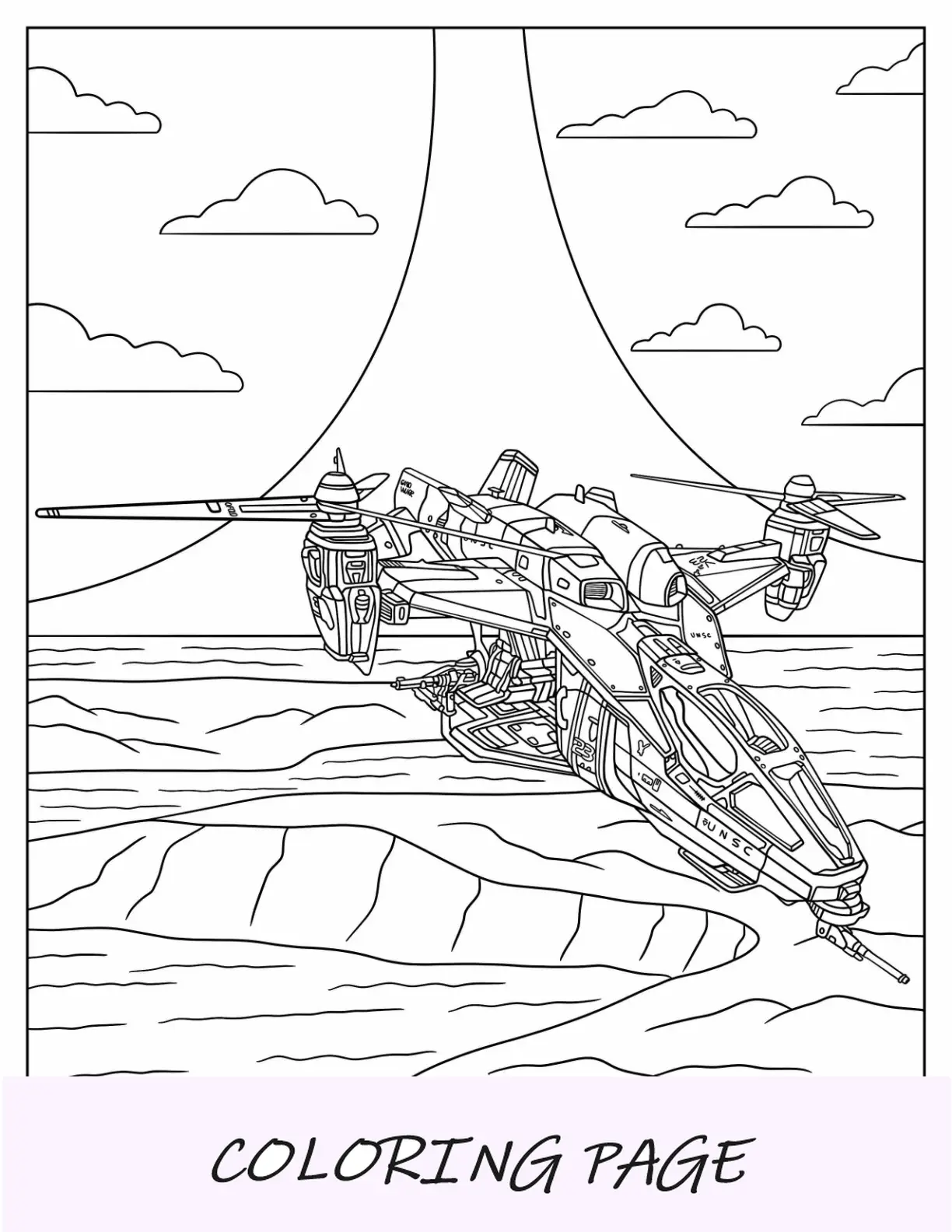 Página para colorear de Halo del halcón UH 144 volando sobre el mar