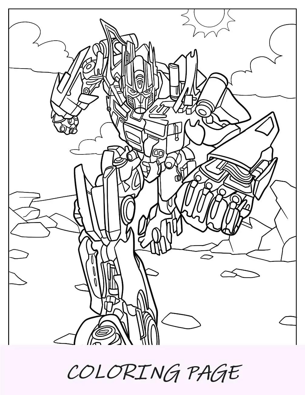 Página para colorir do Optimus Prime correndo no deserto