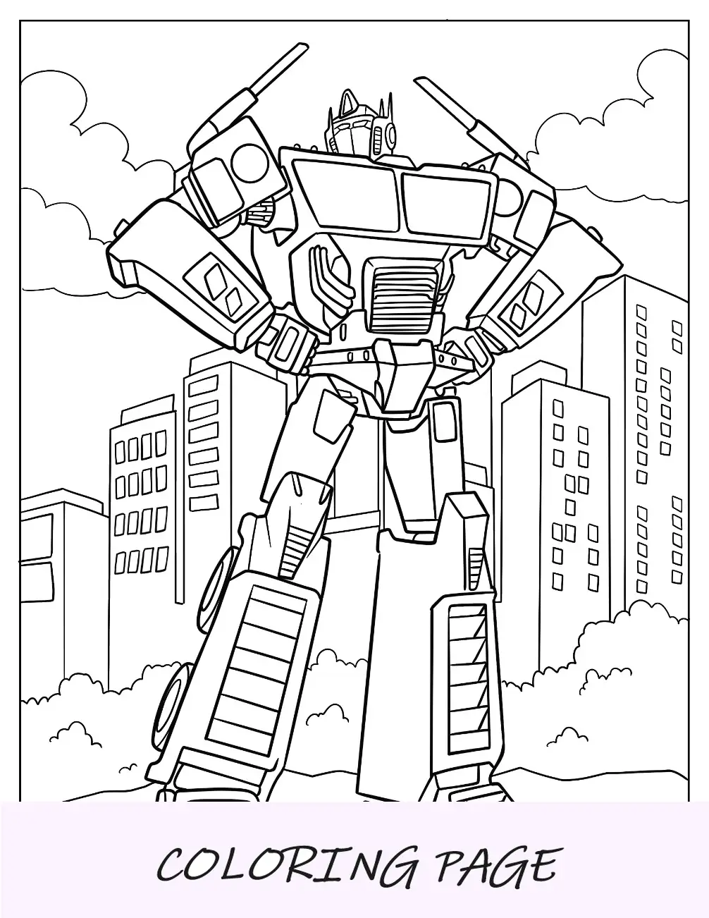 Desenho para colorir do Optimus Prime na cidade
