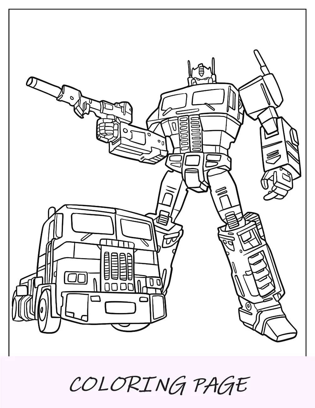 Esboço simples da página para colorir do Optimus Prime em formato de Autobot e caminhão para crianças
