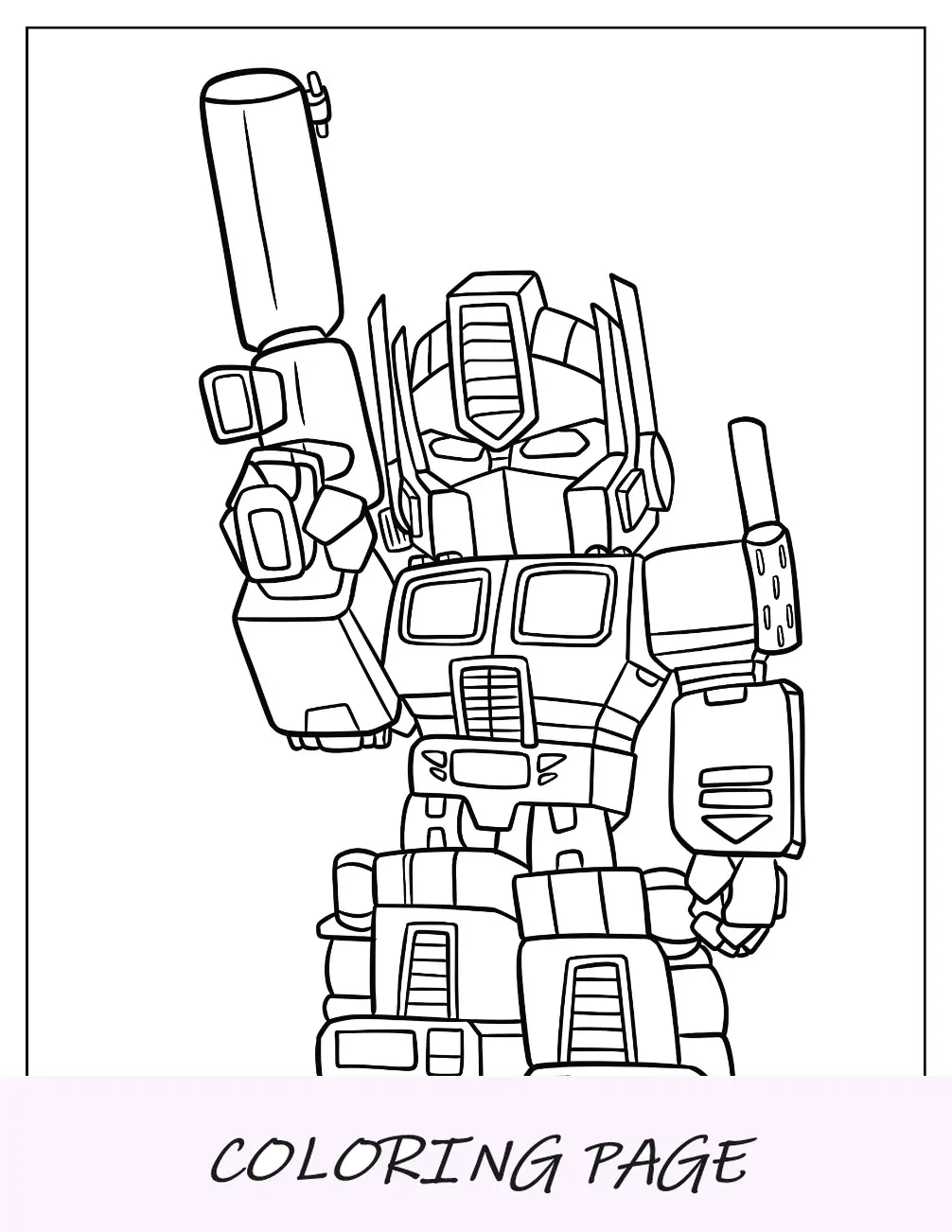 Página para colorir Kawaii Chibi Optimus Prime segurando Ion Blaster para crianças em idade pré-escolar