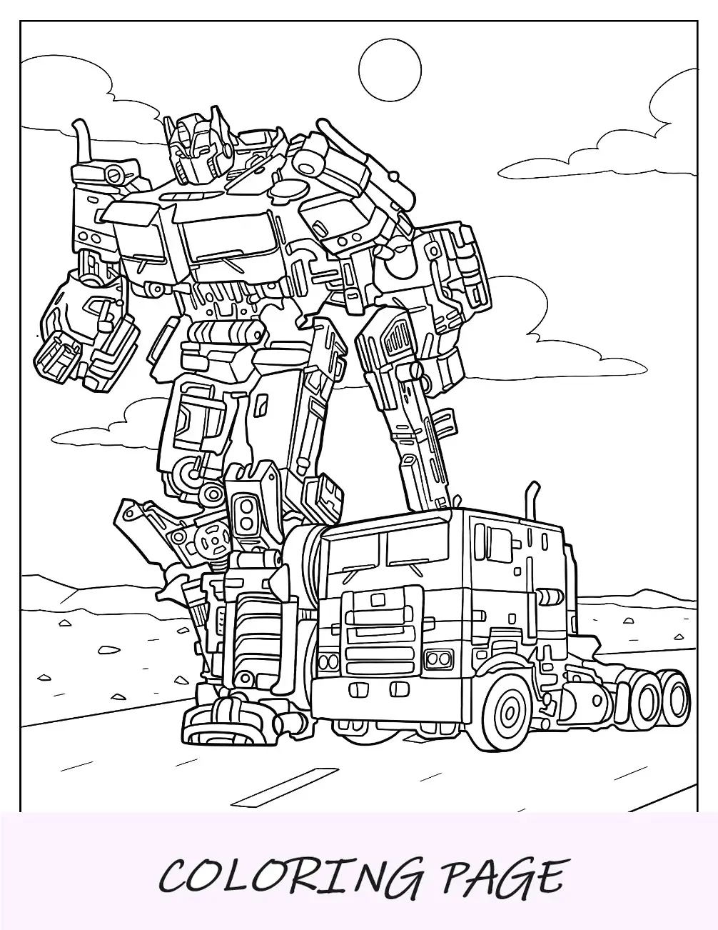 Página para colorir do Autobot Optimus Prime ao lado do formulário de caminhão