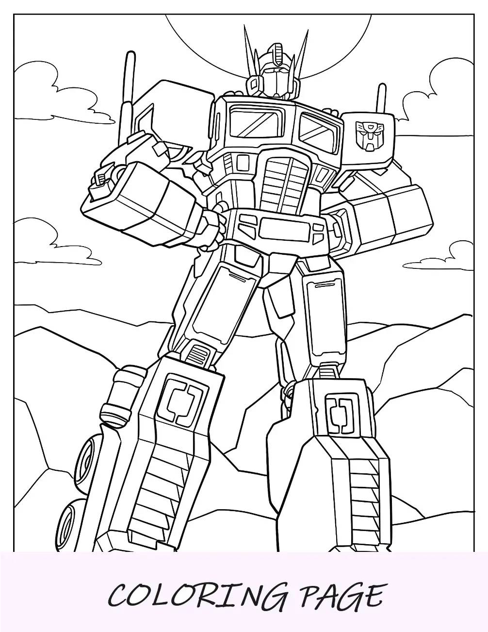 Página para colorir do Autobot Optimus Prime olhando para o deserto