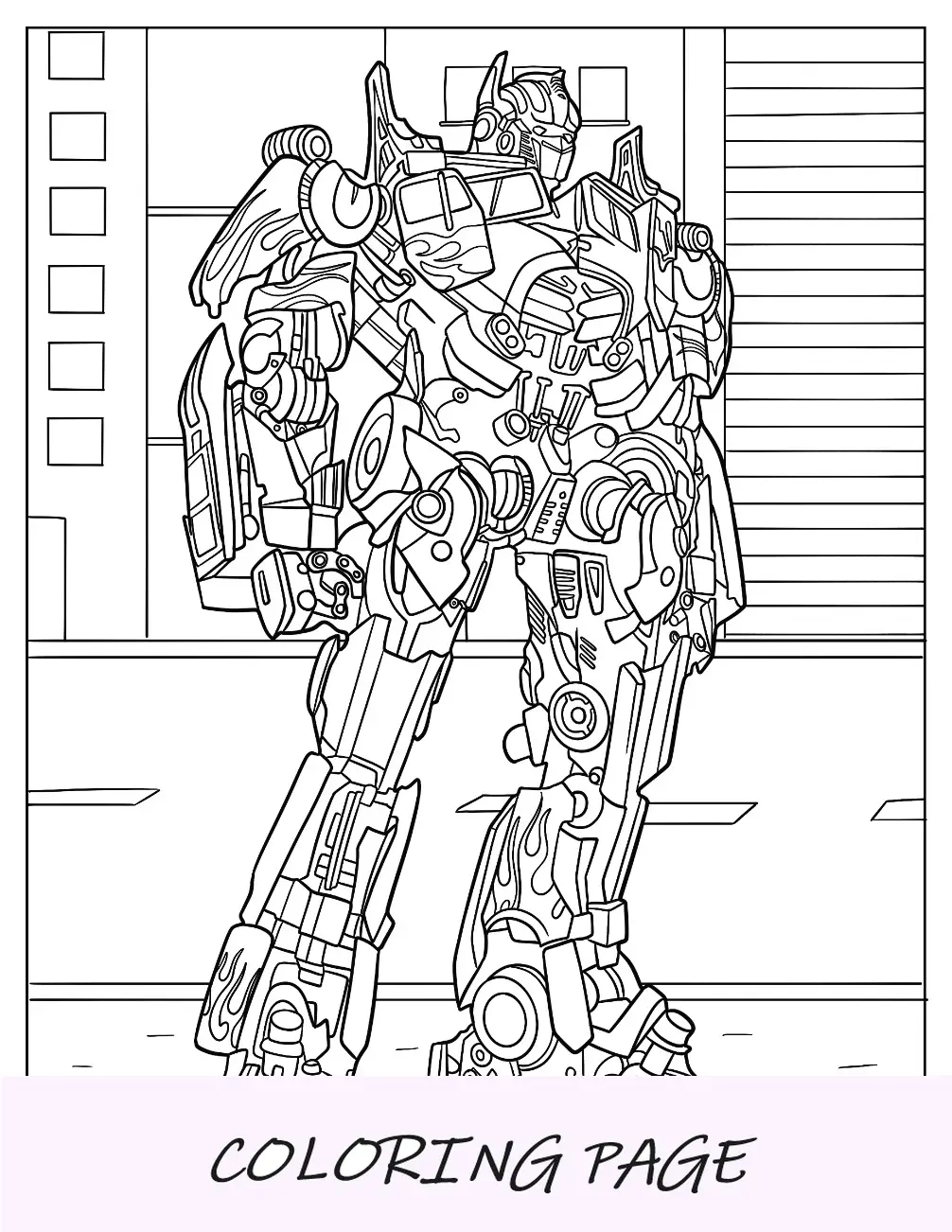 Página para colorir Optimus Prime em forma de Autobot na cidade