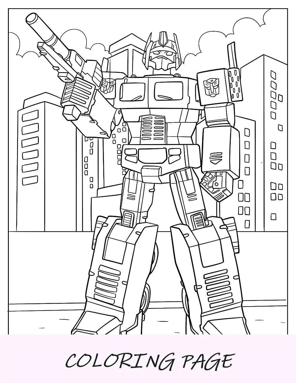Esboço simples da página para colorir do Optimus Prime com Ion Blaster na cidade