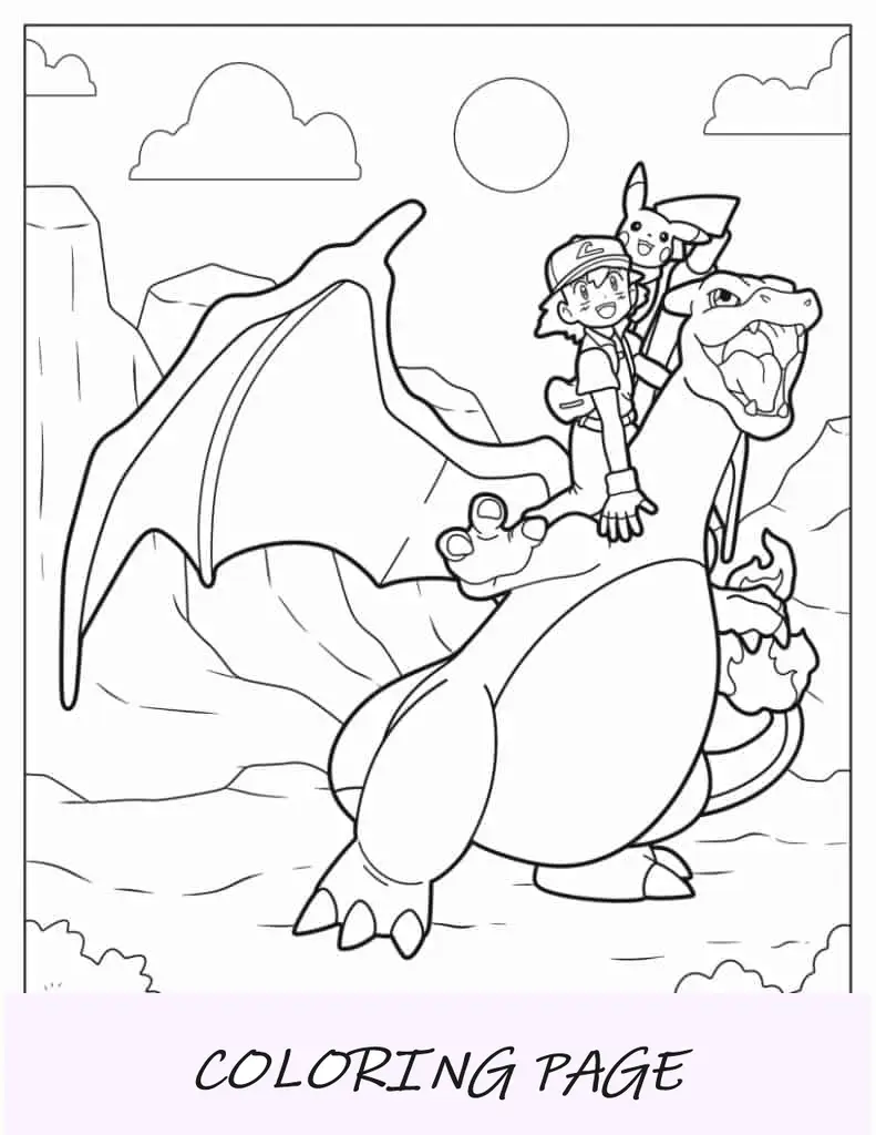 Hoja para colorear de Ash y PIkachu montando a Charizard