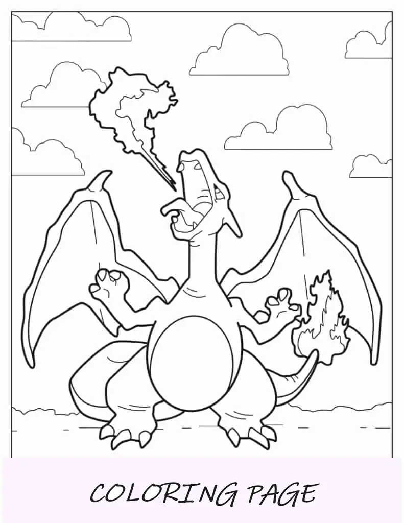 Página para colorear de Charizard respirando fuego en el cielo