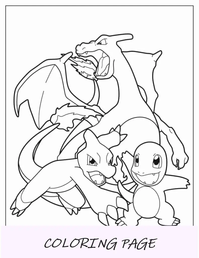 Evolución de Charmander, Charmeleon y Charizard para colorear