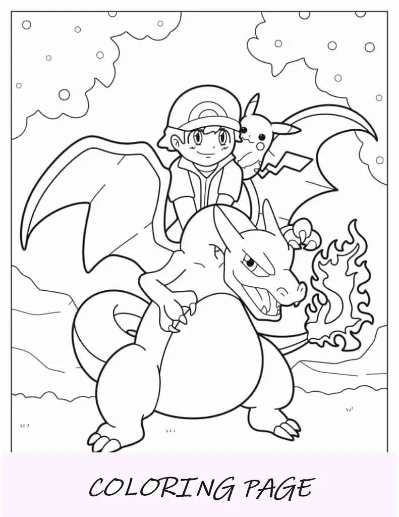 Ash y Pikachu en la espalda de Charizard