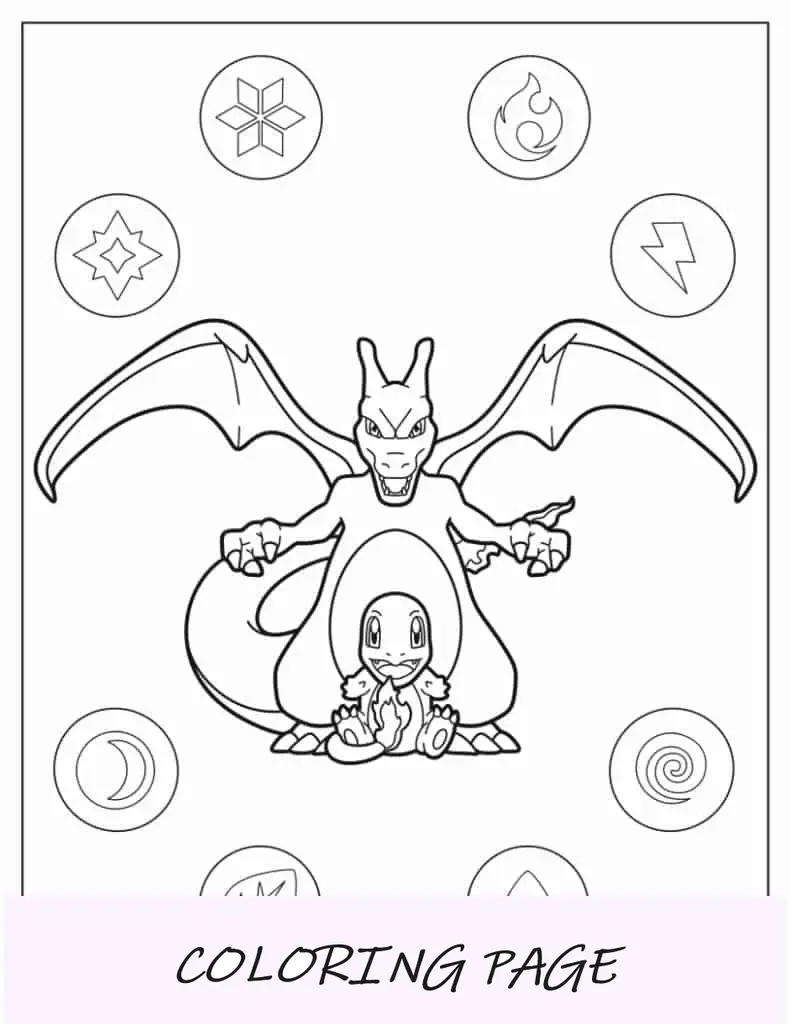 Charizard parado detrás de Charmander