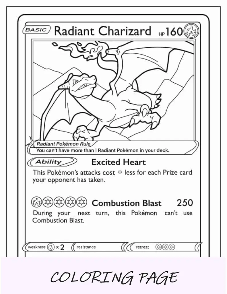 Página para colorear de cartas de Pokémon Charizard radiante