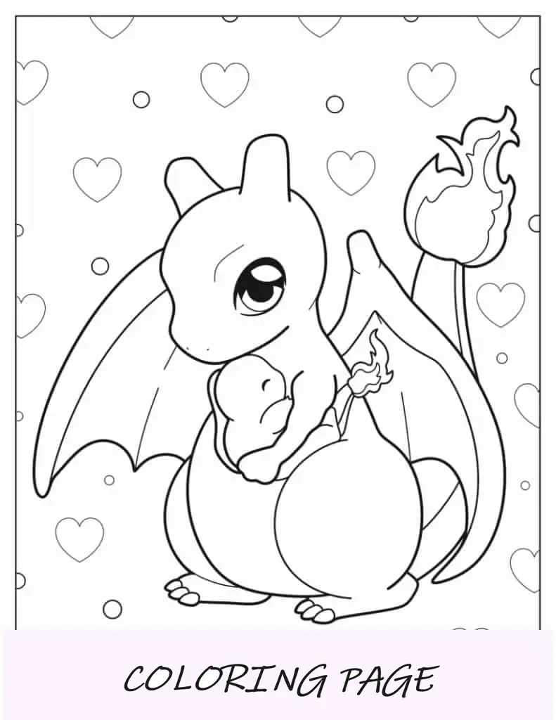 Kawaii Charizard sosteniendo al bebé Charmander