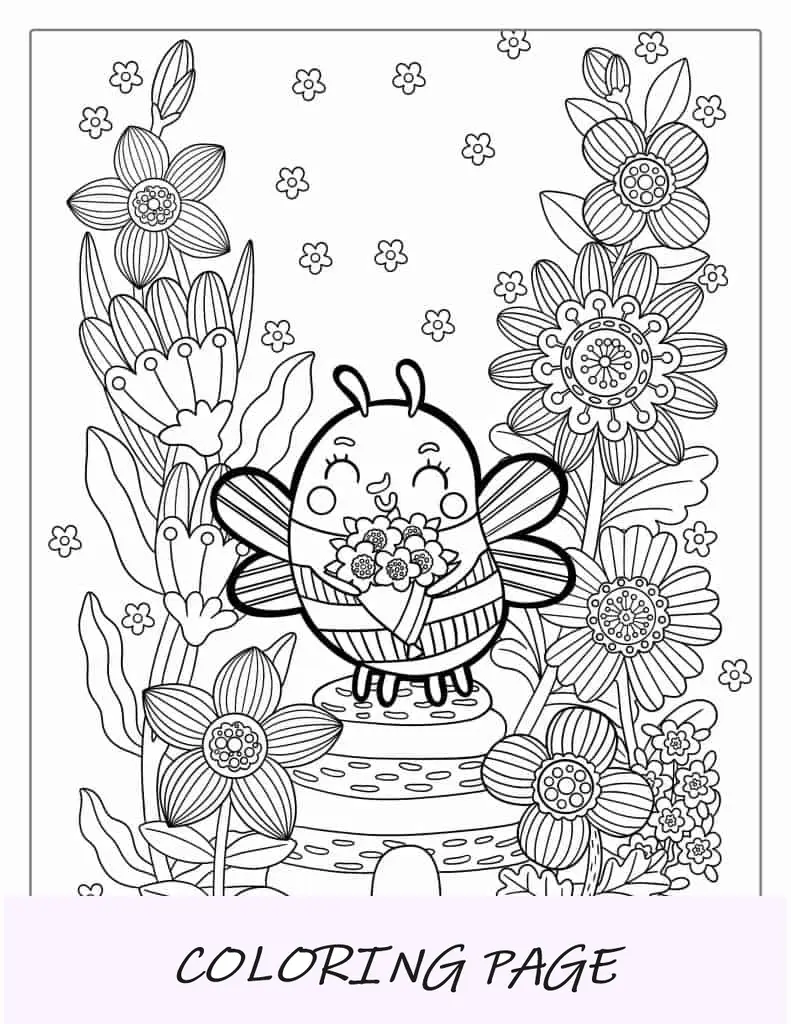 Página para colorear de abeja estilo kawaii sosteniendo flores