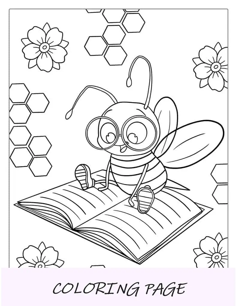 Página para colorear sencilla de una abeja leyendo un libro