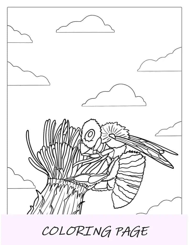 Página para colorear realista de una abeja en una flor