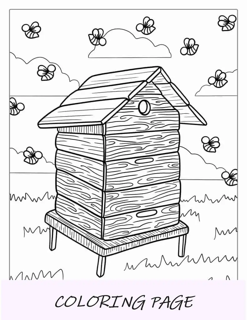 Colmena de madera rodeada de abejas para colorear