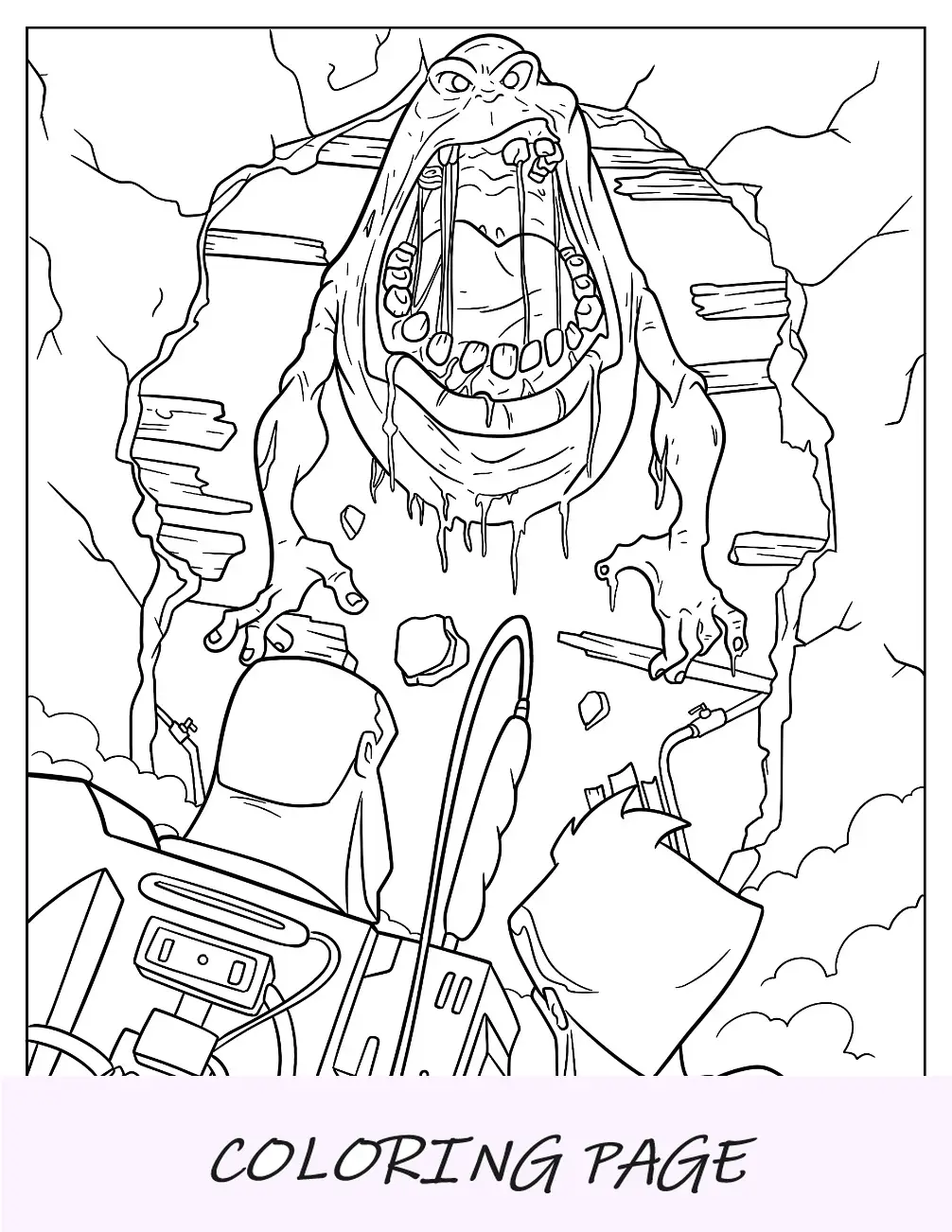 Dibujo para colorear de los Cazafantasmas luchando contra Slimer