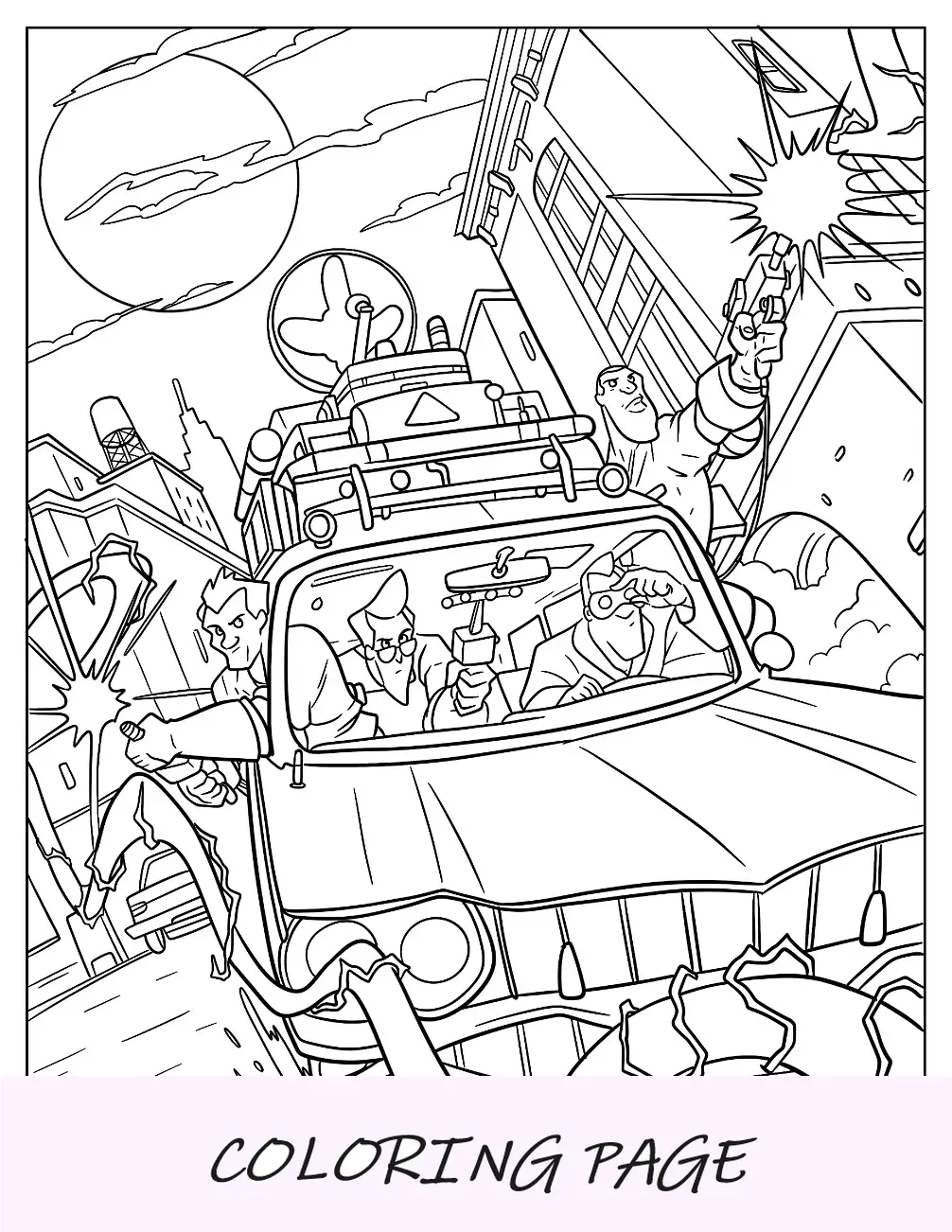 Dibujo para colorear de los Cazafantasmas de dibujos animados Spenglar, Venkman, Zeddemore y Stantz montando en Ecto 1