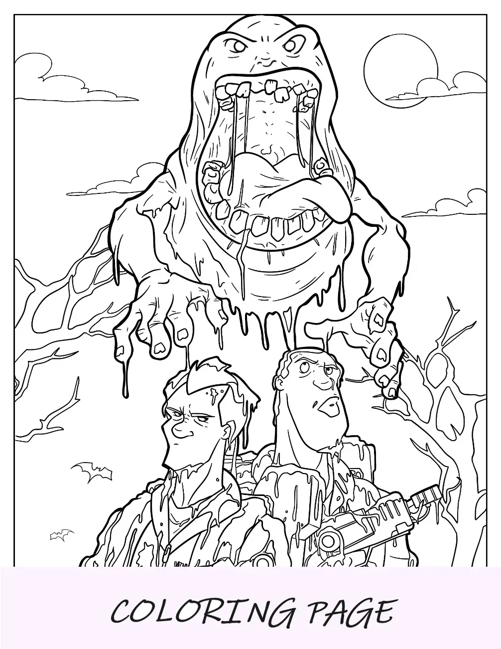 Página para colorear de los Cazafantasmas de Slimer goteando limo sobre Zeddemore y Stantz