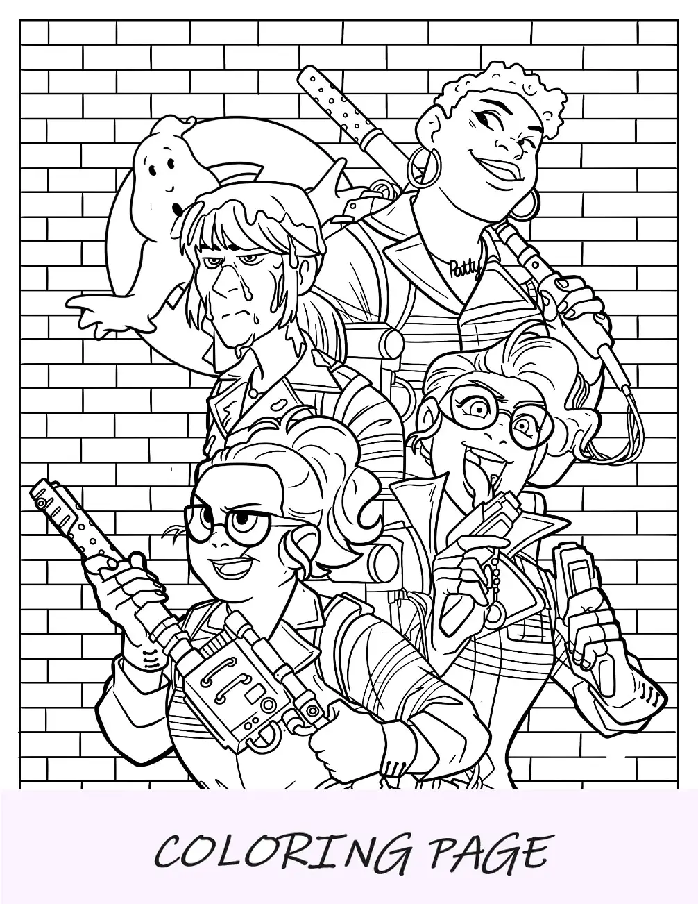 Página para colorear de las Cazafantasmas femeninas Yates, Gilbert, Holtzmann y Tolan