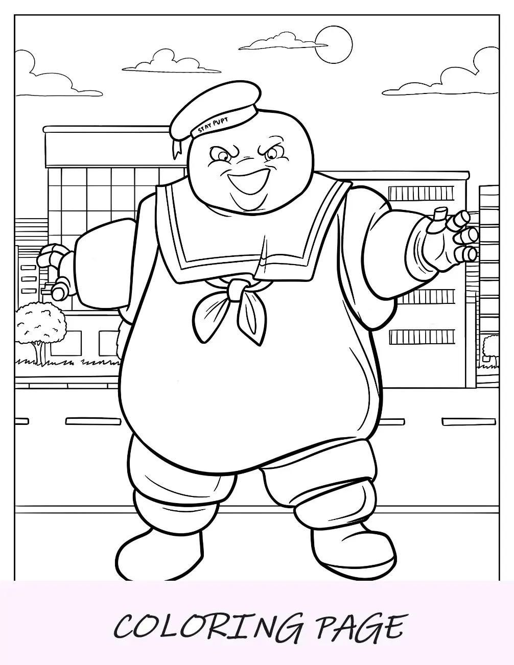 Página para colorear de los Cazafantasmas del aterrador hombre malvavisco en la ciudad